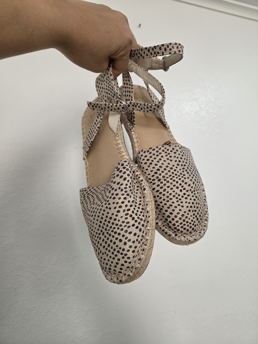Time and Tru Beige Espadrille Ankle-Strap Flats with Black Dots